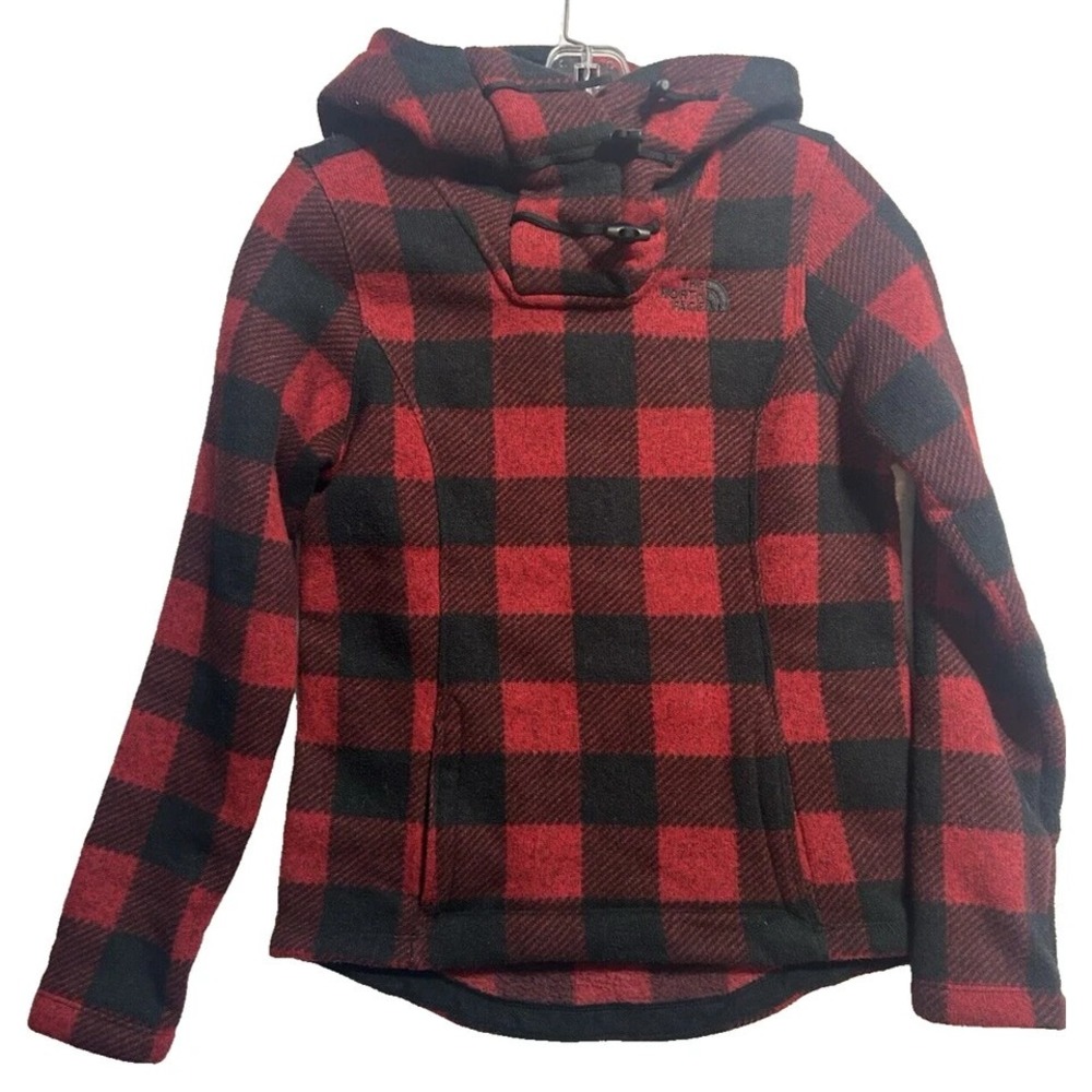 The North Face Women's Red/Black Plaid Crescent Hooded XS Fleece Pullover (HU)